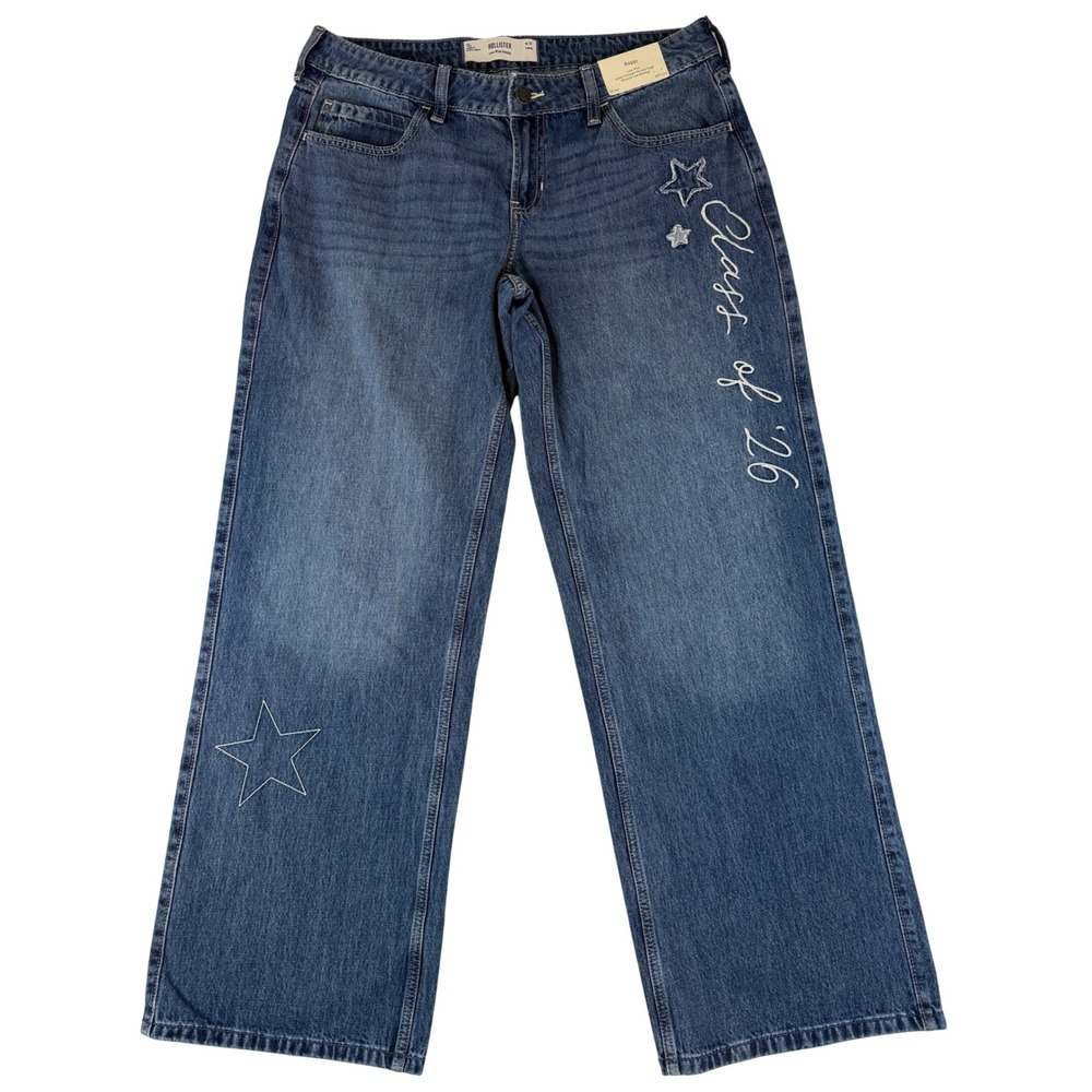 Hollister Baggy Jeans Womens 12L Blue Class of 26 Star Embroidered Low Rise